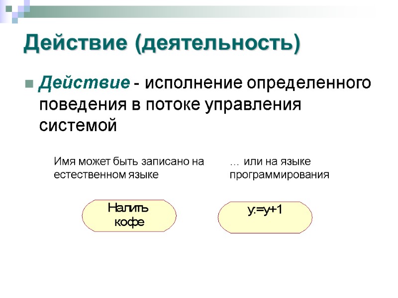 Действие (деятельность) Действие - исполнение определенного поведения в потоке управления системой  Имя может